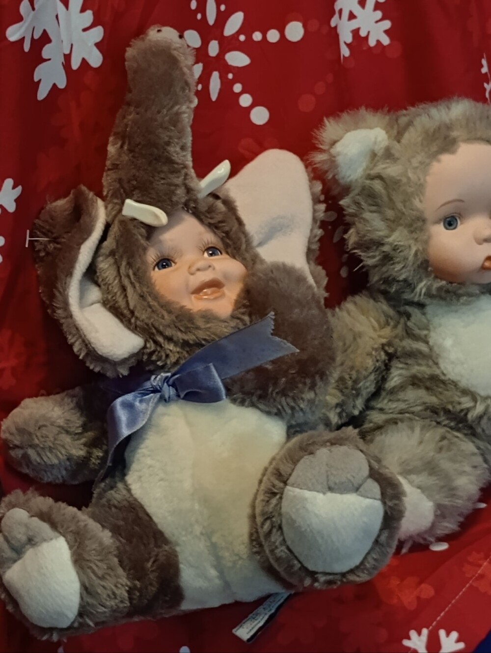 Plush Elephant Baby Doll. Porcelain Faces with Blue Ribbon